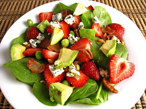 Strawberry and Avocado Spinach Salad in Raspberry Balsamic Vinaigrette