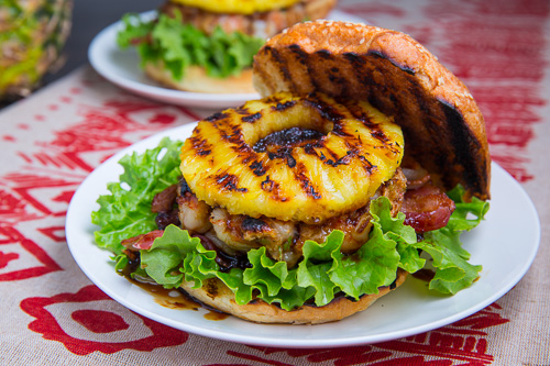 Teriyaki Shrimp Burgers with Grilled Pineapple Salsa and Bacon