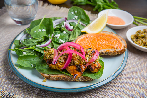 Moroccan Grilled Chicken Sandwich with Preserved Lemon Tapenade and Harissa Mayo
