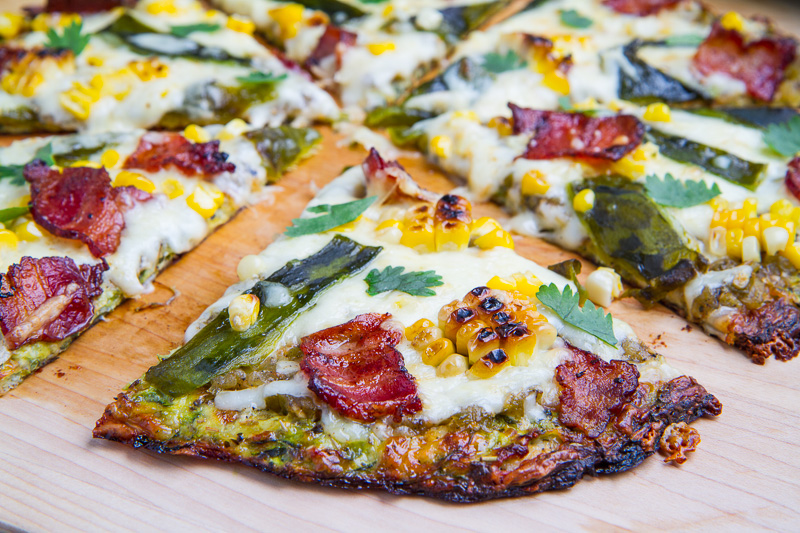 Grilled Corn, Roasted Poblano and Bacon Zucchini Crust Pizza