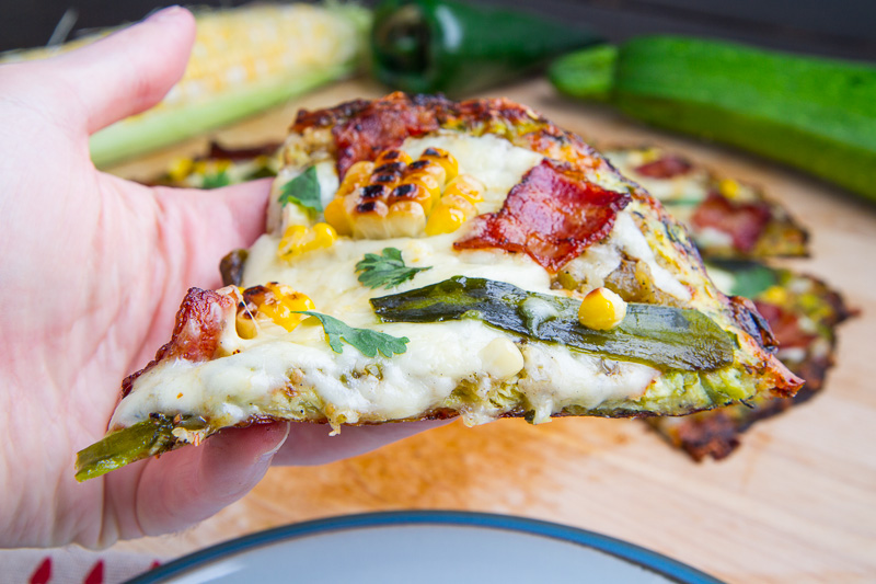 Grilled Corn, Roasted Poblano and Bacon Zucchini Crust Pizza