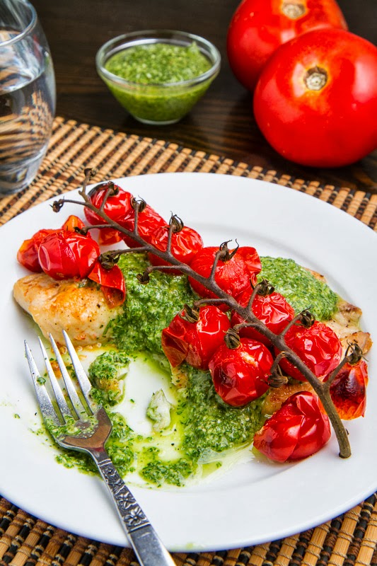 Parmesan Crusted Pesto Tilapia with Roasted Tomatoes