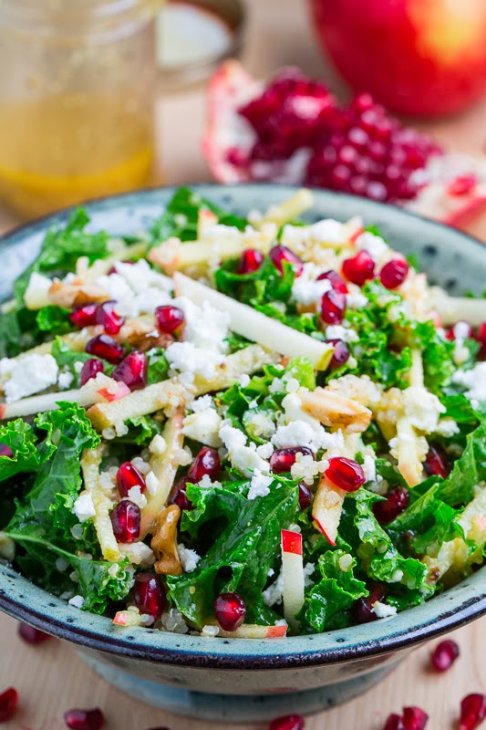 Apple and Pomegranate Quinoa and Kale Salad with Feta in a Curried Maple Dijon Dressing