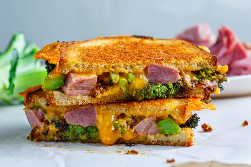 Roasted Broccoli, Ham and Cheddar Grilled Cheese