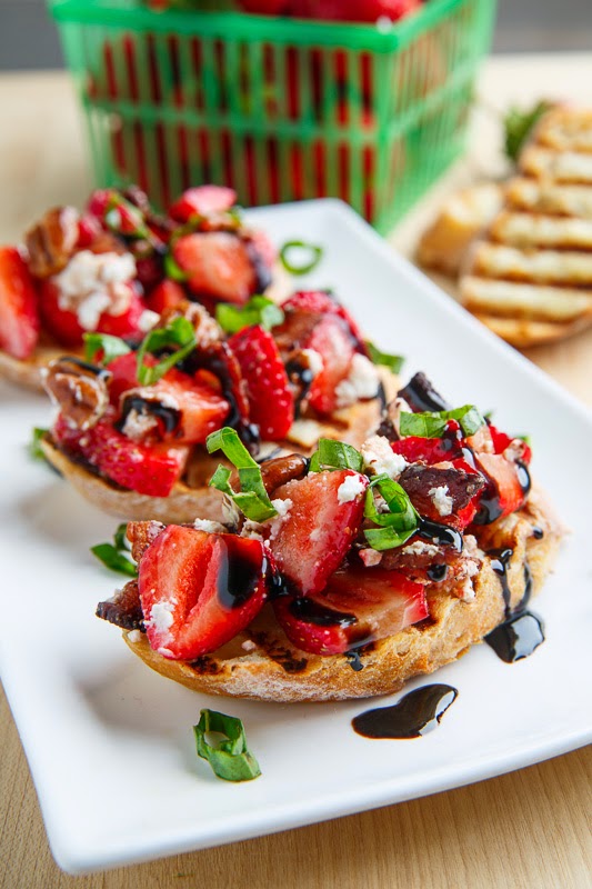 Strawberry Bruschetta with Bacon, Candied Pecans and Goat Cheese with a Balsamic Drizzle