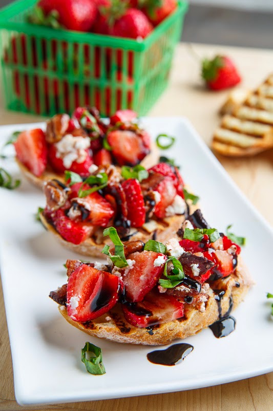 Strawberry Bruschetta with Bacon, Candied Pecans, Goat Cheese and Balsamic Drizzle