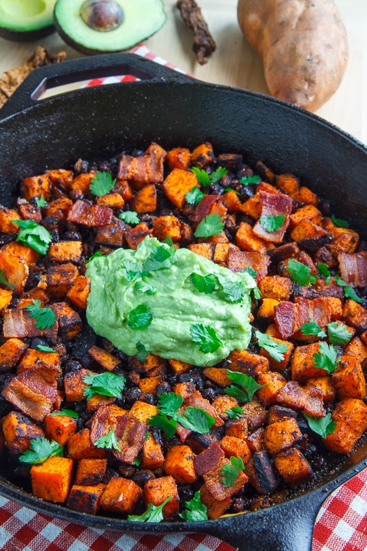 Chipotle Sweet Potato and Black Bean Hash with Guacamole