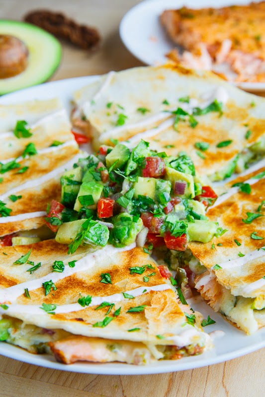 salmon and avocado quesadillas on plate