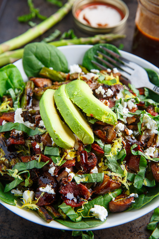 Roast Asparagus and Mushroom Chicken Spinach Salad with Bacon, Avocado and Goat Cheese
