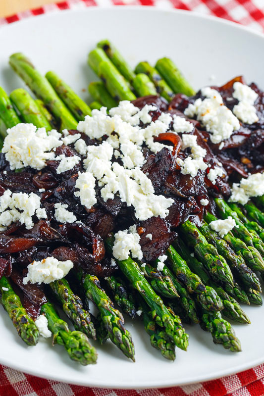 Grilled Asparagus with Bacon and Balsamic Caramelized Onions and Goat Cheese (aka Bacon Jam Asparagus)