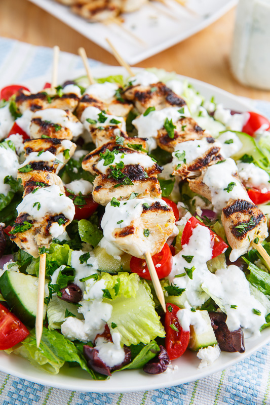 Grilled Chicken Souvlaki Salad with Creamy Feta and Dill Dressing