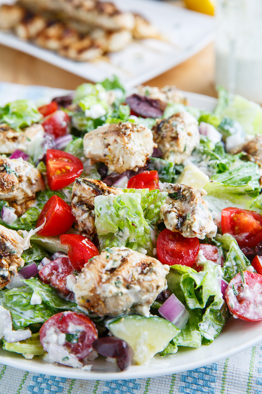 Grilled Chicken Souvlaki Salad with Creamy Feta and Dill Dressing