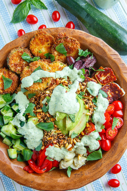Greek Goddess Grain Bowl with Fried Zucchini, Halloumi and Toasted Seeds