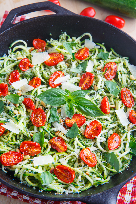 Pesto Zucchini Noodles with Roasted Tomatoes and Grilled Chicken