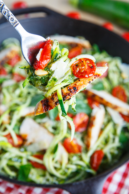 Pesto Zucchini Noodles with Roasted Tomatoes and Grilled Chicken