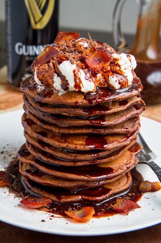 Bacon Guinness Chocolate Pancakes with a Frothy Whipped Cream Head and Guinness Chocolate Syrup