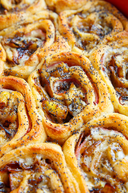 Ham and Cheese Rolls with Caramelized Pineapple and Onions