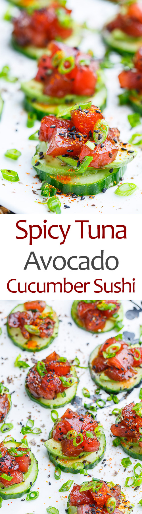Spicy Tuna and Avocado Cucumber Sushi Bites