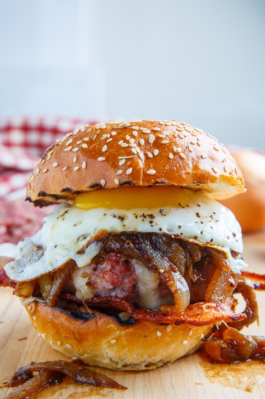 Bacon and Cheese Corned Beef Burger with Guinness Caramelized Onions and a Fried Egg