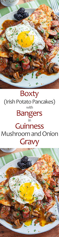 Boxty (Irish Potato Pancakes) with Bangers in a Guinness Mushroom and Onion Gravy