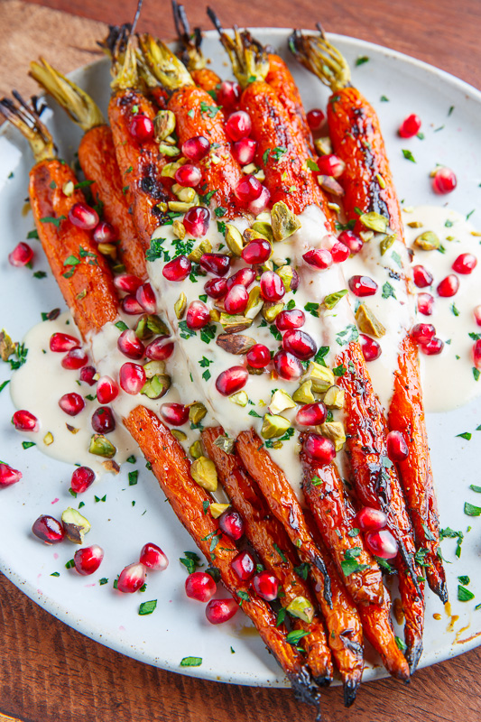 Maple Roasted Carrots in Tahini Sauce with Pomegranate and Pistachios