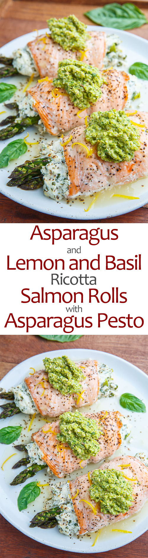 Asparagus and Lemon and Basil Ricotta Stuffed Salmon Rolls with Asparagus Pesto