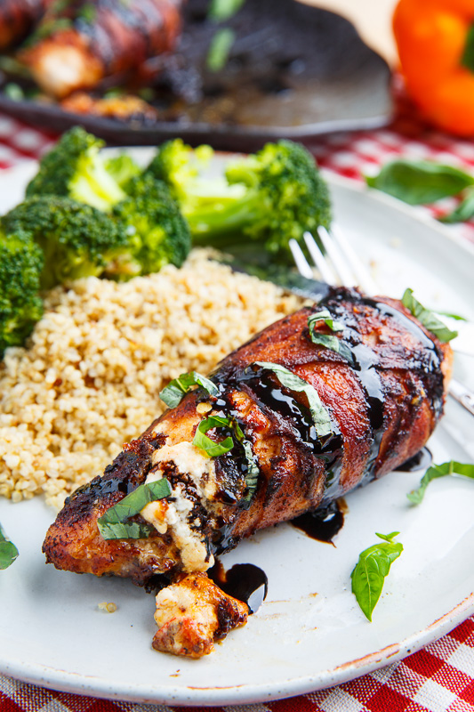 Bacon Wrapped Roasted Red Pepper and Goat Cheese Stuffed Chicken with Balsamic Drizzle and Basil