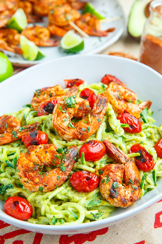 Creamy Avocado Zucchini Noodle Pasta with Taco Lime Grilled Shrimp