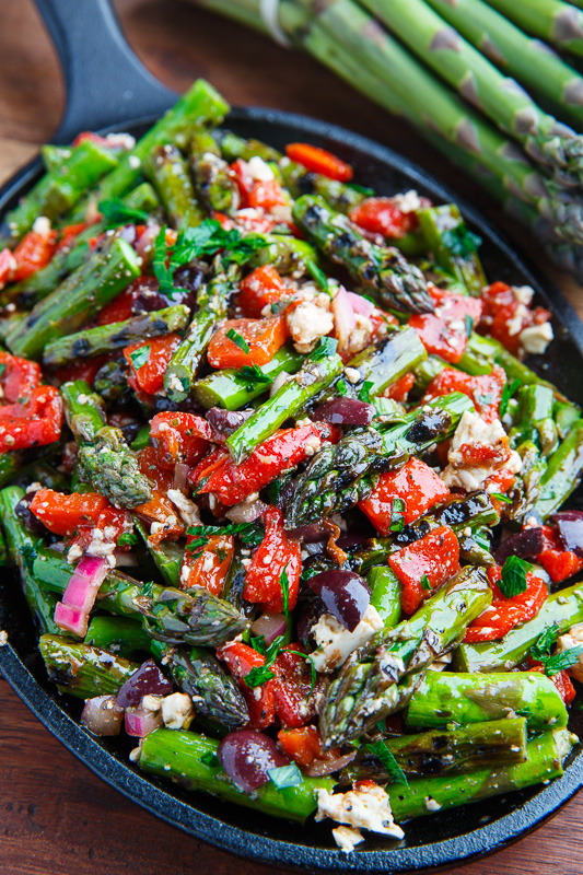 Grilled Asparagus with Marinated Roasted Red Peppers, Feta and Kalamata Olives