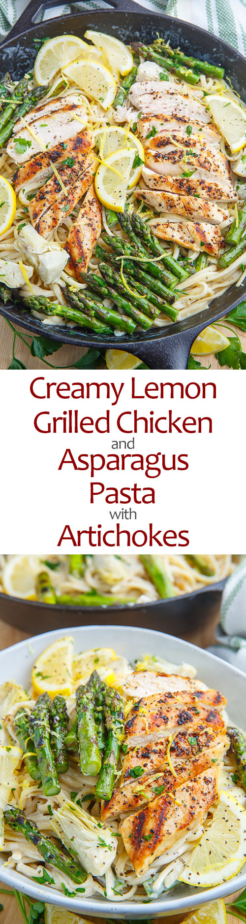 Creamy Lemon Grilled Chicken, Asparagus and Artichoke Pasta
