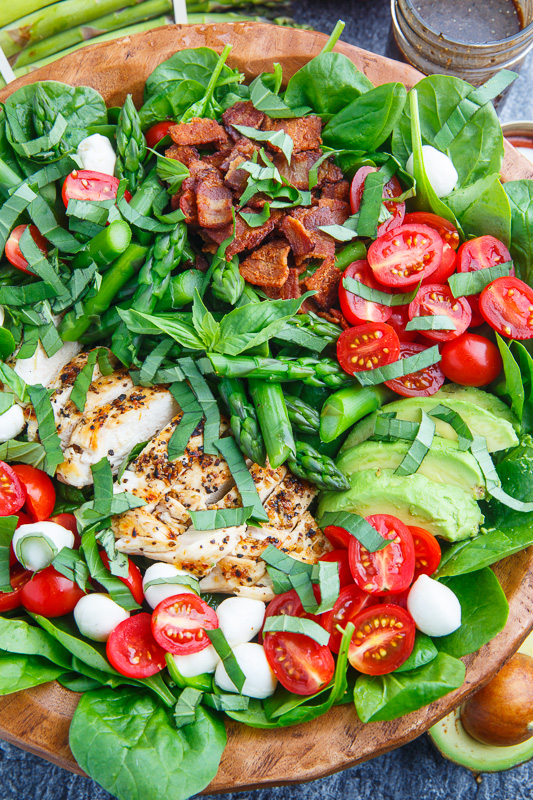 Grilled Chicken and Asparagus Caprese Spinach Salad with Bacon and Avocado