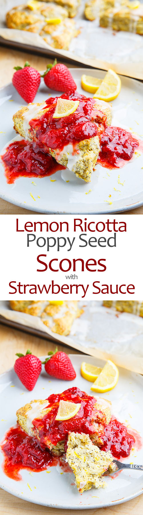Lemon Poppy Seed Ricotta Scones with Strawberry Sauce