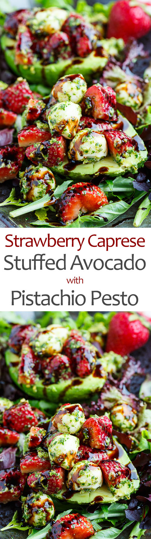 Strawberry Caprese Stuffed Avocados with Pistachio Pesto