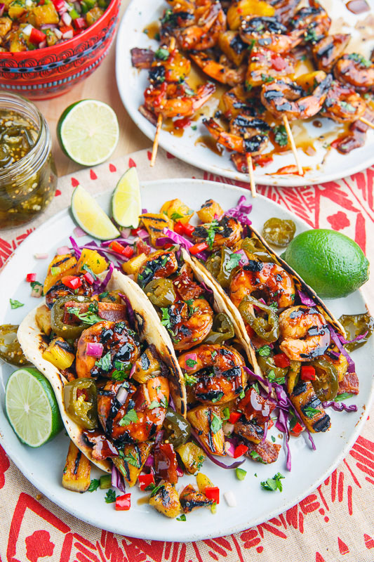 Teriyaki Grilled Shrimp and Pineapple Tacos with Candied Jalapeno and Bacon