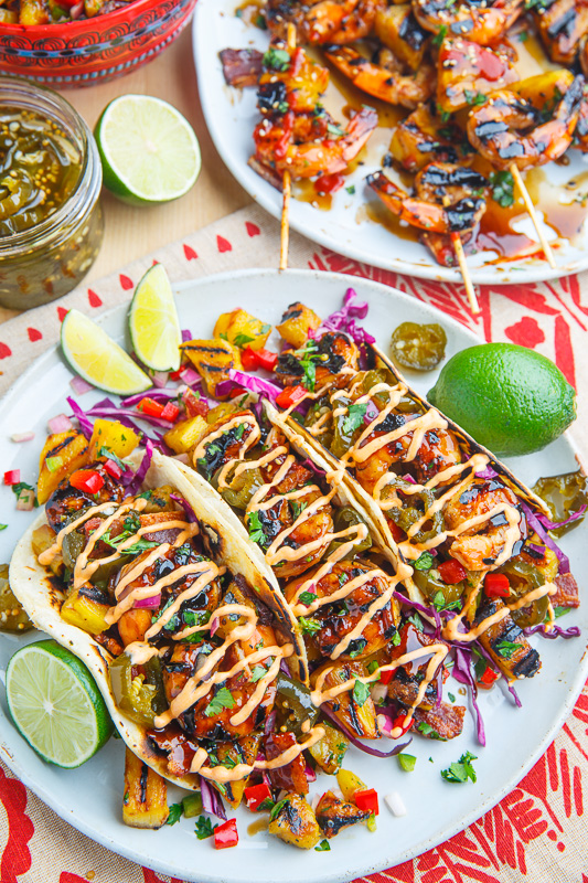 Teriyaki Grilled Shrimp and Pineapple Tacos with Candied Jalapeno and Bacon