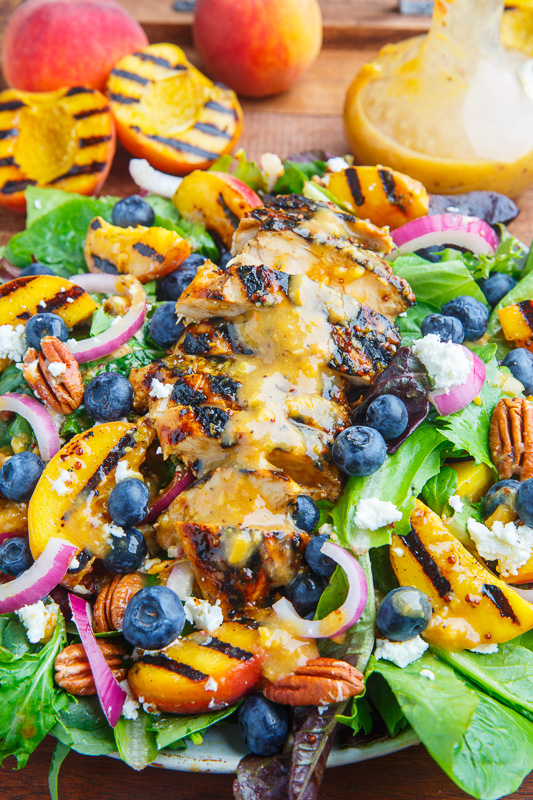 Grilled Peach and Honey Dijon Chicken Salad with Blueberries, Goat Cheese and Pecans
