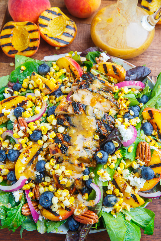 Grilled Peach and Honey Dijon Chicken Salad with Blueberries, Grilled Corn, Goat Cheese and Pecans