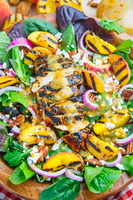 Grilled Peach and Honey Dijon Chicken Salad with Goat Cheese and Pecans