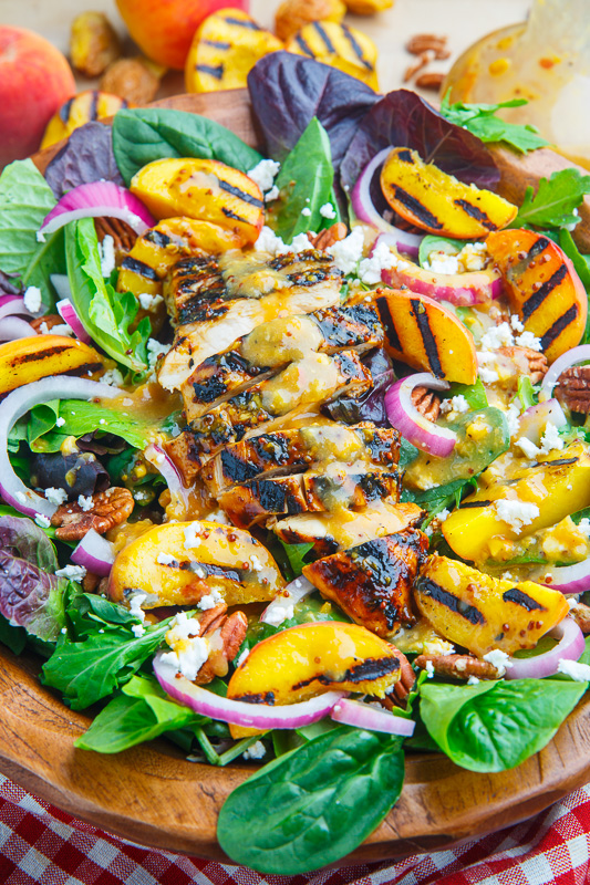 Grilled Peach and Honey Dijon Chicken Salad with Goat Cheese and Pecans