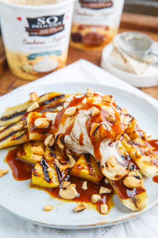 Grilled Pineapple and Banana Sundaes with Caramel Sauce and Cashews