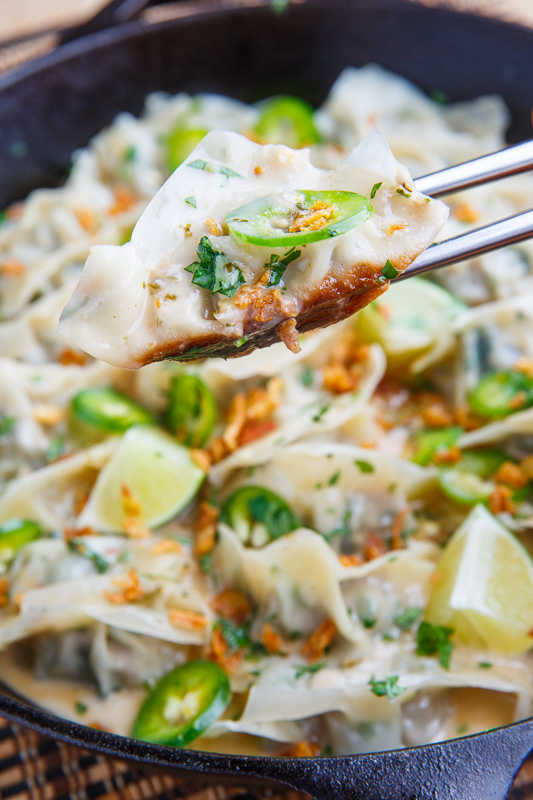 Thai Green Curry Pork Dumplings in Coconut Sauce with Crispy Fried Shallots