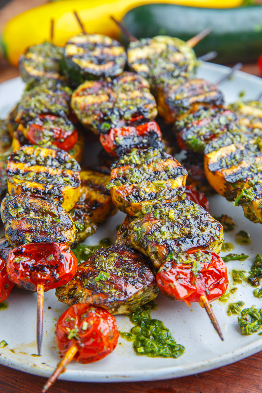 Pesto Grilled Chicken, Zucchini and Tomato Skewers