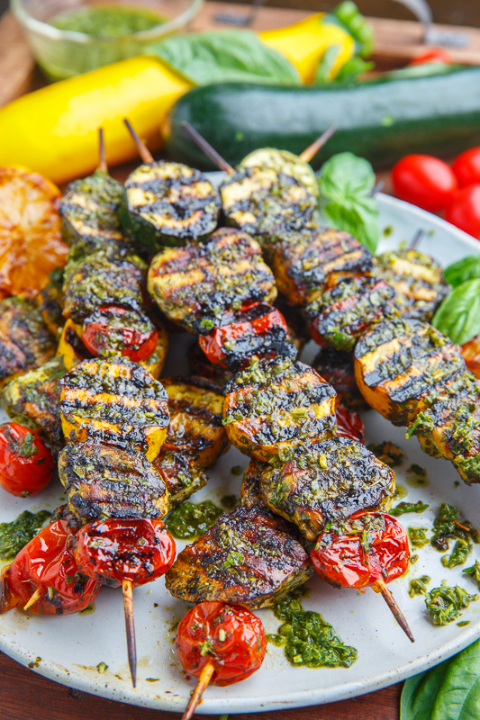 Pesto Grilled Chicken, Zucchini and Tomato Skewers
