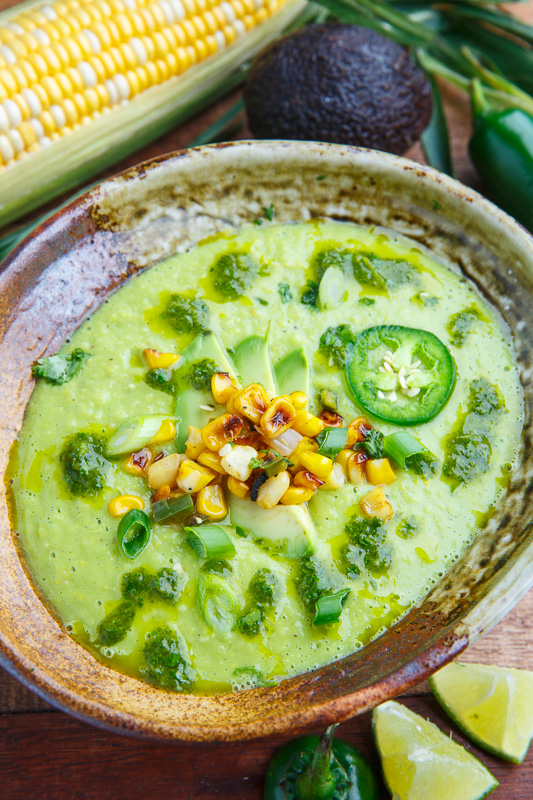 Spicy Roasted Corn and Jalapeno Avocado Soup