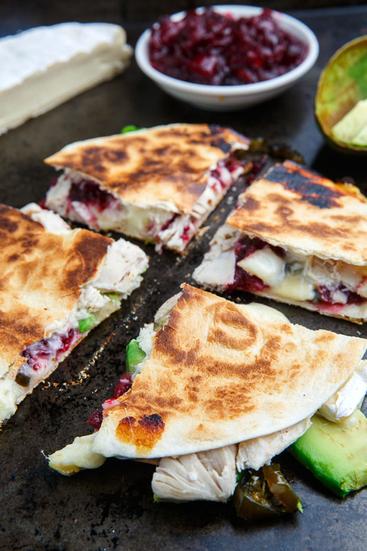 Cranberry and Brie Turkey Quesadillas with Avocado and Candied Jalapenos