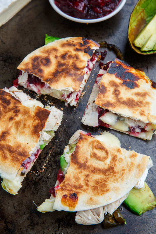 Cranberry and Brie Turkey Quesadillas with Avocado and Candied Jalapenos