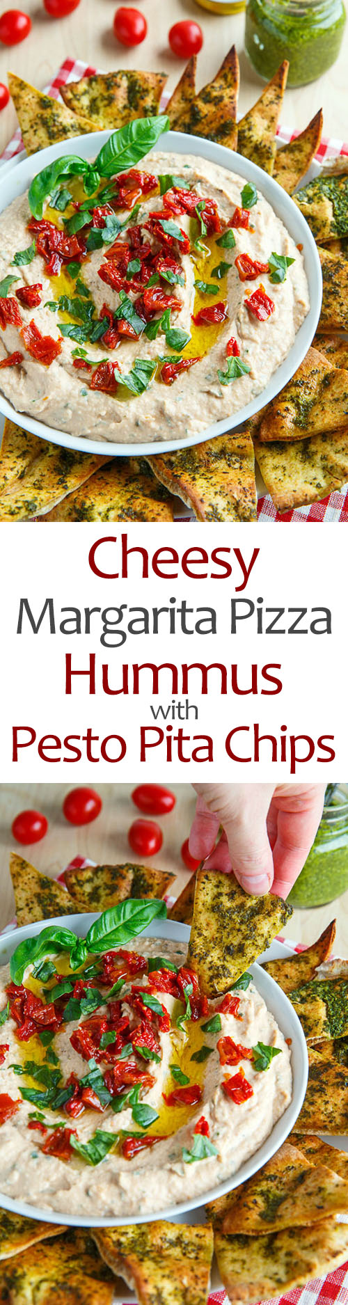 Cheesy Margherita Pizza Hummus with Pesto Pita Chips