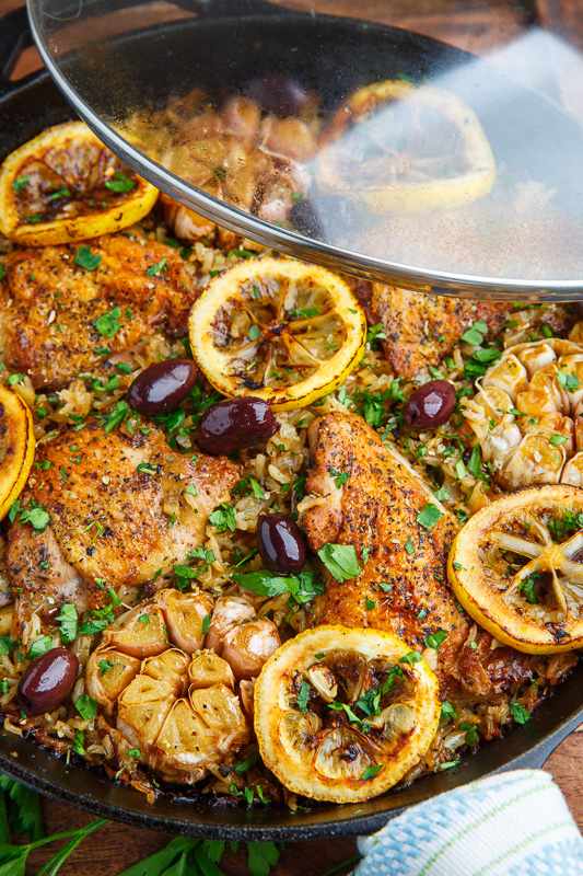 One Pan Greek Lemon Chicken Rice with Roast Garlic - Closet Cooking