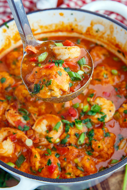 Shrimp Creole Soup with Bacon and Cheddar Dumplings