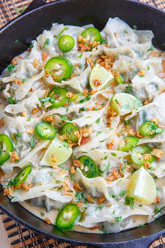 Thai Green Curry Pork Dumplings in Coconut Sauce with Crispy Fried Shallots